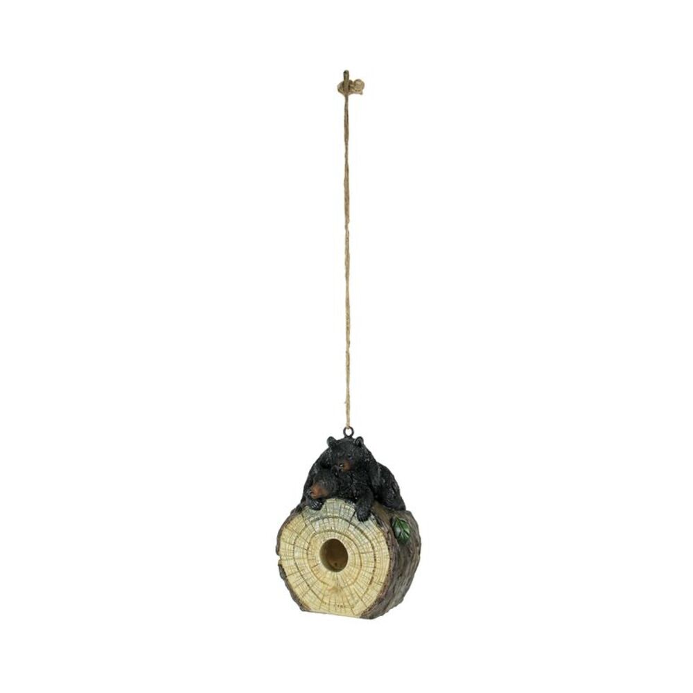 Playful Black Bears On Cut Log Polyresin Hanging Birdhouse
